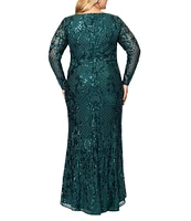 Betsy & Adam Plus Size Sequin Round Neck Long Sleeve Gown