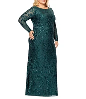Betsy & Adam Plus Size Sequin Round Neck Long Sleeve Gown