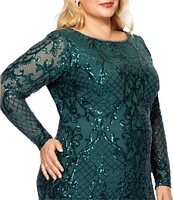 Betsy & Adam Plus Size Sequin Round Neck Long Sleeve Gown