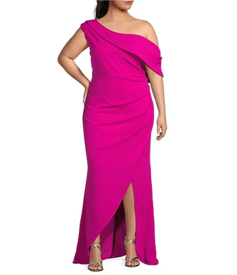 Betsy & Adam Plus Size Short Flutter Sleeve One Shoulder Scuba Crepe Dress