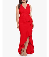 Betsy & Adam Plus Size Sleeveless V-Neck Cascade Ruffle Scuba Crepe Gown