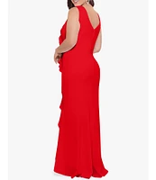 Betsy & Adam Plus Size Sleeveless V-Neck Cascade Ruffle Scuba Crepe Gown