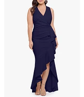 Betsy & Adam Plus Size Sleeveless V-Neck Cascade Ruffle Scuba Crepe Gown