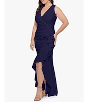 Betsy & Adam Plus Size Sleeveless V-Neck Cascade Ruffle Scuba Crepe Gown