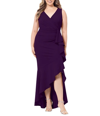 Betsy & Adam Plus Size Sleeveless V-Neck Cascade Ruffle Scuba Crepe Gown