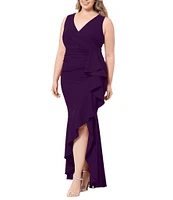 Betsy & Adam Plus Size Sleeveless V-Neck Cascade Ruffle Scuba Crepe Gown