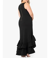 Betsy & Adam Plus Size Sleeveless V-Neck Ruffle Skirt Scuba Crepe Gown