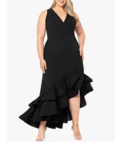 Betsy & Adam Plus Size Sleeveless V-Neck Ruffle Skirt Scuba Crepe Gown