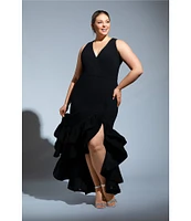 Betsy & Adam Plus Size Sleeveless V-Neck Ruffle Skirt Scuba Crepe Gown