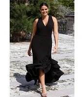 Betsy & Adam Plus Size Sleeveless V-Neck Ruffle Skirt Scuba Crepe Gown