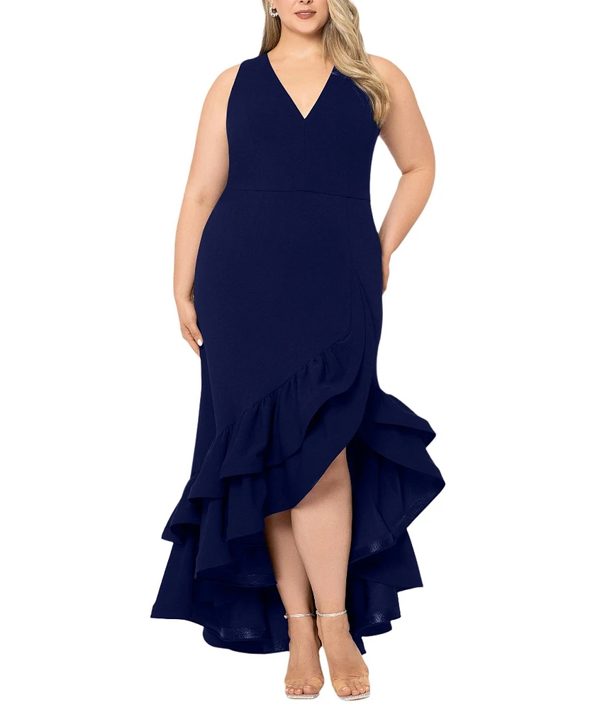 Betsy & Adam Plus Size Sleeveless V-Neck Ruffle Skirt Scuba Crepe Gown