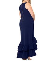 Betsy & Adam Plus Size Sleeveless V-Neck Ruffle Skirt Scuba Crepe Gown