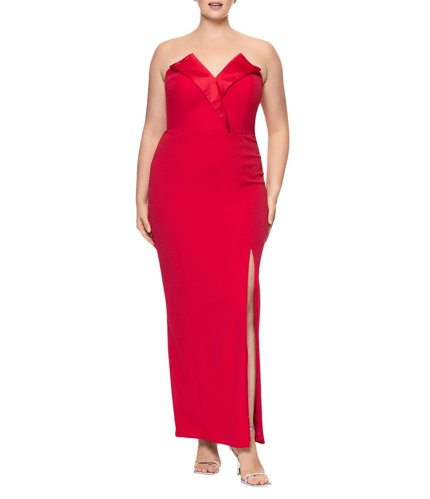 Betsy & Adam Plus Size Sleeveless V-Neck Tuxedo Bodice Scuba Crepe Gown