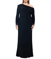 Betsy & Adam Plus Size Stretch Off-The-Shoulder Long Sleeve Beaded Cuff Ruched Waist Gown