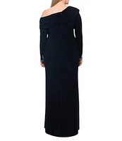 Betsy & Adam Plus Size Stretch Off-The-Shoulder Long Sleeve Beaded Cuff Ruched Waist Gown