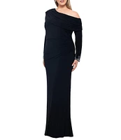 Betsy & Adam Plus Size Stretch Off-The-Shoulder Long Sleeve Beaded Cuff Ruched Waist Gown