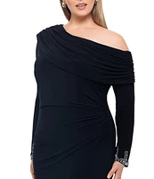 Betsy & Adam Plus Size Stretch Off-The-Shoulder Long Sleeve Beaded Cuff Ruched Waist Gown