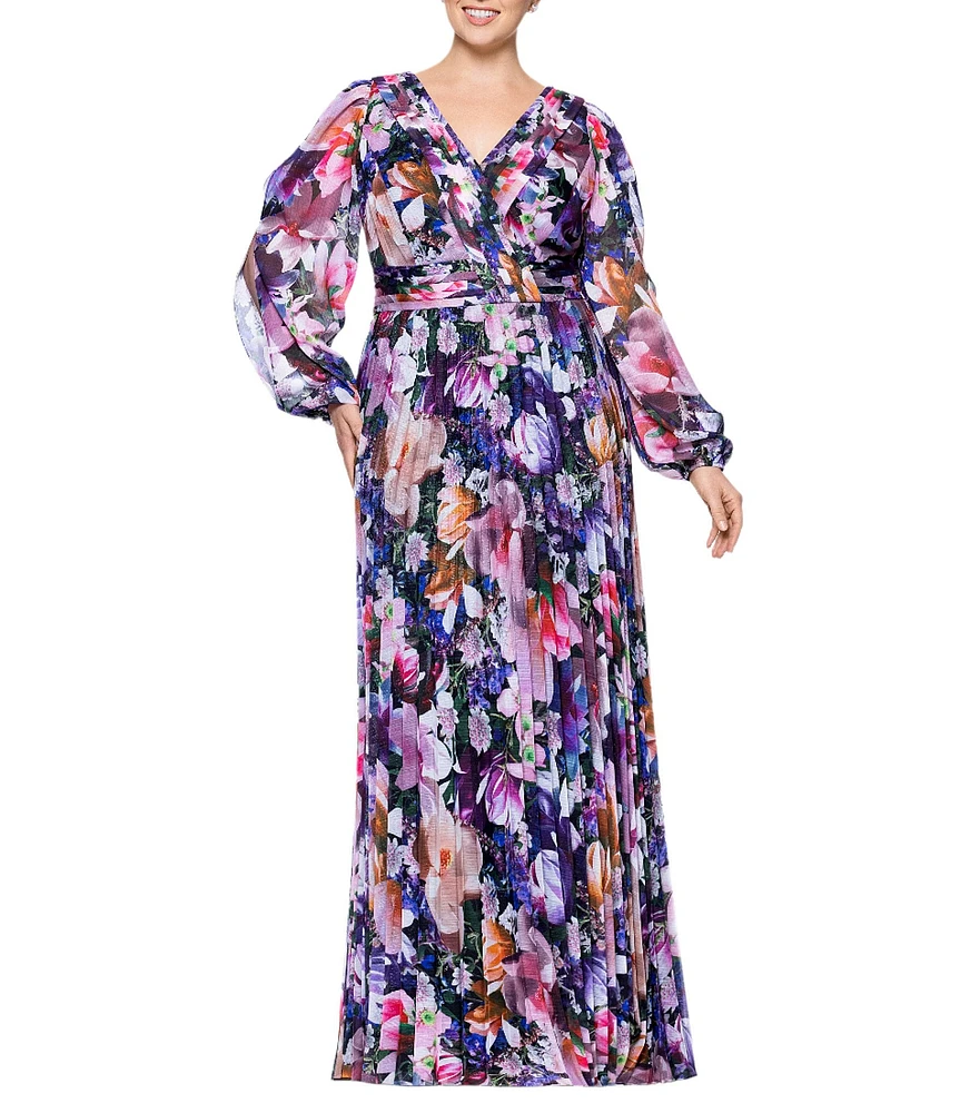Betsy & Adam Plus Size V-Neck Long Sleeve Pleated Skirt Empire Waist Dress