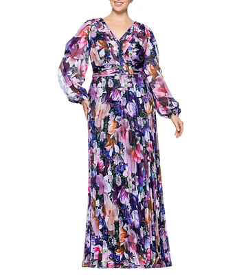 Betsy & Adam Plus Size V-Neck Long Sleeve Pleated Skirt Empire Waist Dress