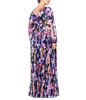 Betsy & Adam Plus Size V-Neck Long Sleeve Pleated Skirt Empire Waist Dress
