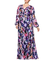 Betsy & Adam Plus Size V-Neck Long Sleeve Pleated Skirt Empire Waist Dress
