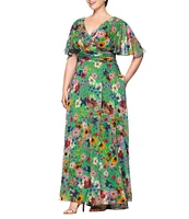 Betsy & Adam Plus Size V-Neck Short Flutter Sleeve Floral Chiffon Dress