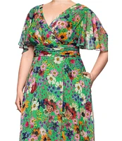 Betsy & Adam Plus Size V-Neck Short Flutter Sleeve Floral Chiffon Dress