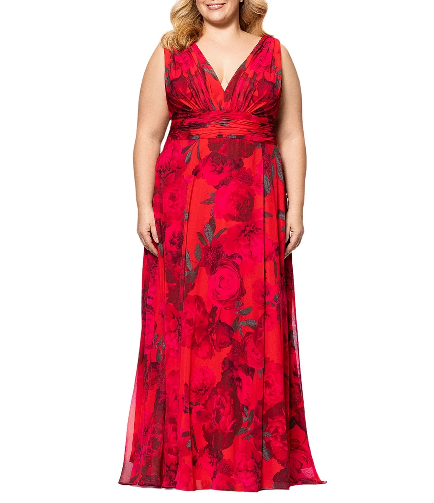 Betsy & Adam Plus Size V Neck Sleeveless A Line Chiffon Gown