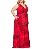 Betsy & Adam Plus Size V Neck Sleeveless A Line Chiffon Gown