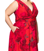 Betsy & Adam Plus Size V Neck Sleeveless A Line Chiffon Gown