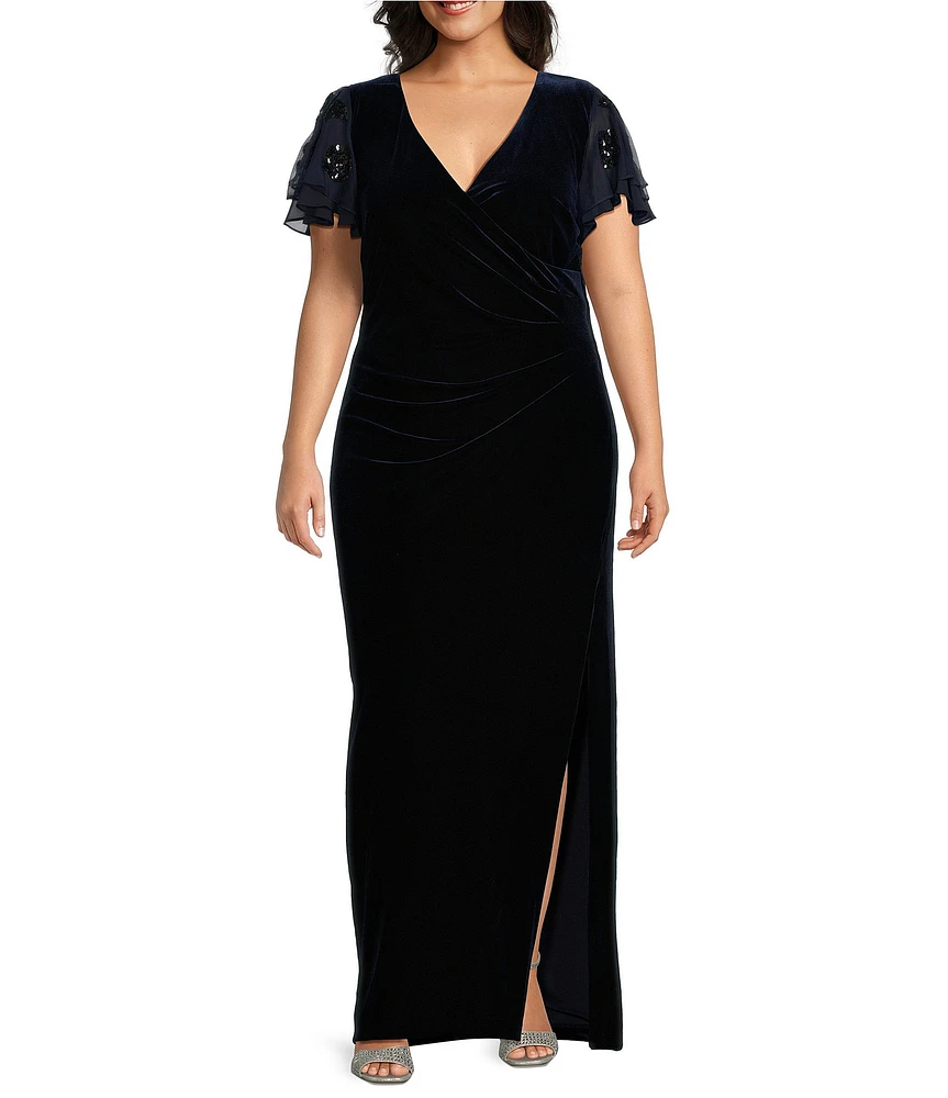 Betsy & Adam Plus Size Velvet V-Neck Short Flutter Sleeve Side Ruched Gown