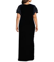 Betsy & Adam Plus Size Velvet V-Neck Short Flutter Sleeve Side Ruched Gown