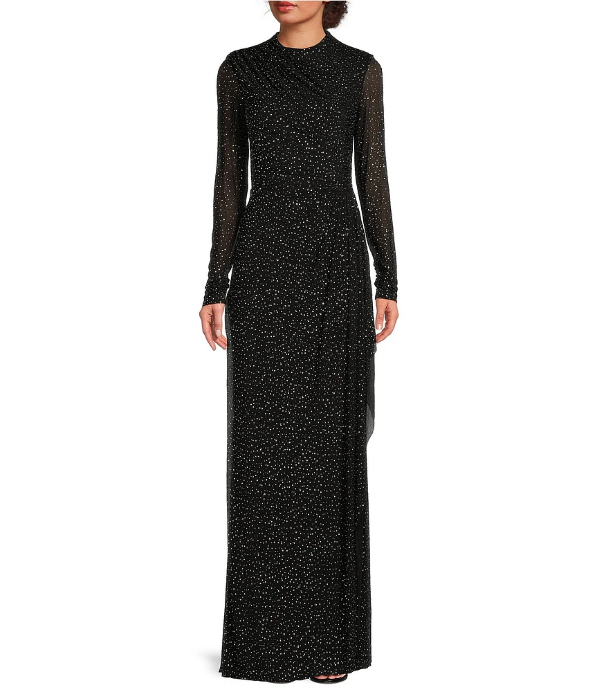 Betsy & Adam Power Mesh Rhinestone Crew Neck Illusion Long Sleeve Gown