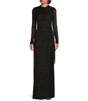 Betsy & Adam Power Mesh Rhinestone Crew Neck Illusion Long Sleeve Gown