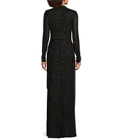 Betsy & Adam Power Mesh Rhinestone Crew Neck Illusion Long Sleeve Gown