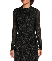 Betsy & Adam Power Mesh Rhinestone Crew Neck Illusion Long Sleeve Gown