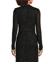 Betsy & Adam Power Mesh Rhinestone Crew Neck Illusion Long Sleeve Gown