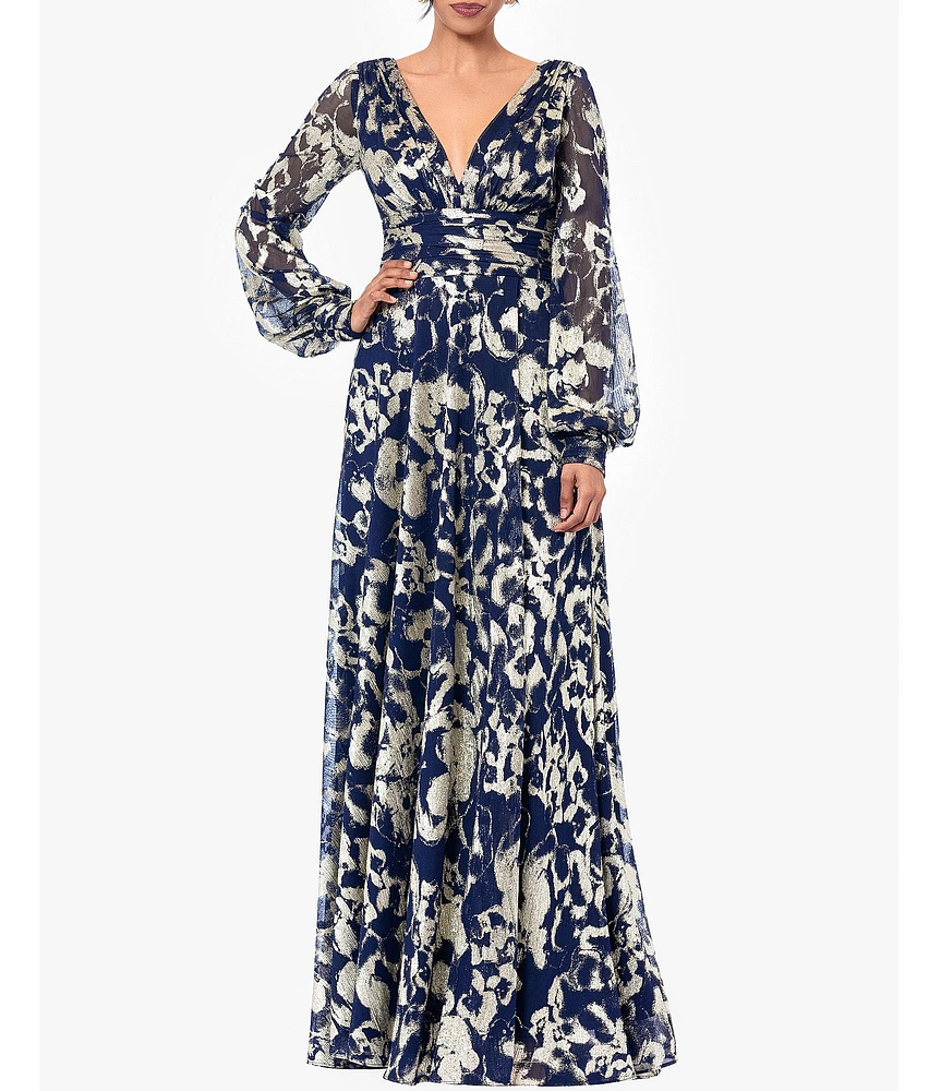 Betsy & Adam Abstract Print Foil Metallic Crinkle Mesh V-Neck Long Illusion Balloon Sleeve Gown