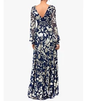 Betsy & Adam Abstract Print Foil Metallic Crinkle Mesh V-Neck Long Illusion Balloon Sleeve Gown