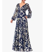 Betsy & Adam Abstract Print Foil Metallic Crinkle Mesh V-Neck Long Illusion Balloon Sleeve Gown