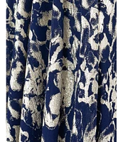 Betsy & Adam Abstract Print Foil Metallic Crinkle Mesh V-Neck Long Illusion Balloon Sleeve Gown