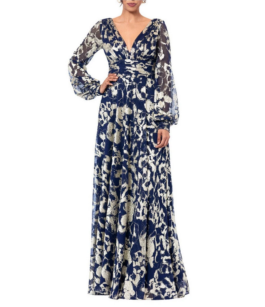 Betsy & Adam Abstract Print Foil Metallic Crinkle Mesh V-Neck Long Illusion Balloon Sleeve Gown