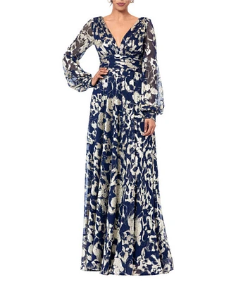 Betsy & Adam Abstract Print Foil Metallic Crinkle Mesh V-Neck Long Illusion Balloon Sleeve Gown