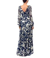 Betsy & Adam Abstract Print Foil Metallic Crinkle Mesh V-Neck Long Illusion Balloon Sleeve Gown