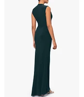 Betsy & Adam Ruched Mock Neck Sleeveless Gathered Pleat Gown