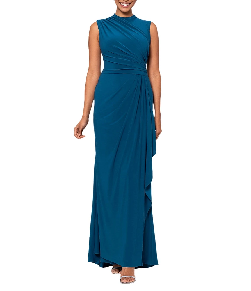 Betsy & Adam Ruched Mock Neck Sleeveless Gathered Pleat Gown