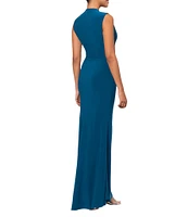 Betsy & Adam Ruched Mock Neck Sleeveless Gathered Pleat Gown