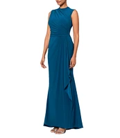 Betsy & Adam Ruched Mock Neck Sleeveless Gathered Pleat Gown