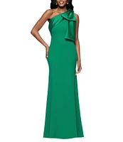 Betsy & Adam Satin Bow One Shoulder Scuba Crepe Sleeveless Mermaid Gown