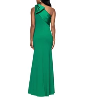 Betsy & Adam Satin Bow One Shoulder Scuba Crepe Sleeveless Mermaid Gown